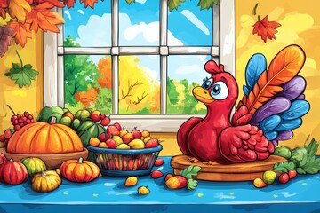 Obraz premium Thanksgiving Day. Turkey, pumpkins and wine are on the table. Autumn table with meat and pumpkin treats. Postcard invitation to Thanksgiving Day in November.