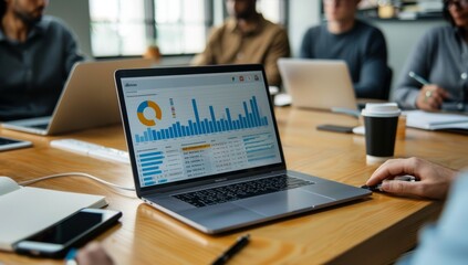 Laptop on the table in an office, displaying Analysts in the workplace are studying financial data for marketing strategy at the workspace, dashboard paper format with graphs and charts
