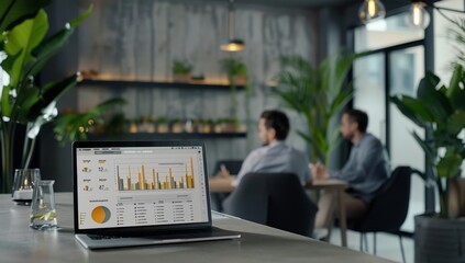Laptop on the table in an office, displaying Analysts in the workplace are studying financial data for marketing strategy at the workspace, dashboard paper format with graphs and charts