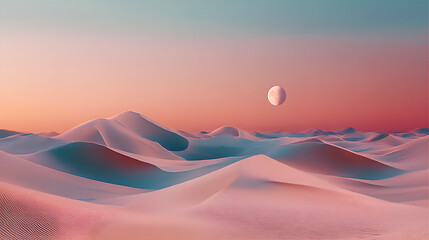 Psychedelia is a fantastic futuristic landscape with sand dunes and the moon. Generated ai