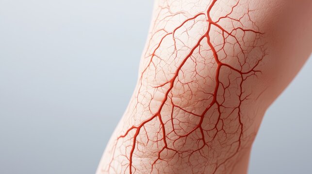 A detailed look at varicose veins in the calf, with visible discoloration and knotted veins protruding beneath the surface of the skin.