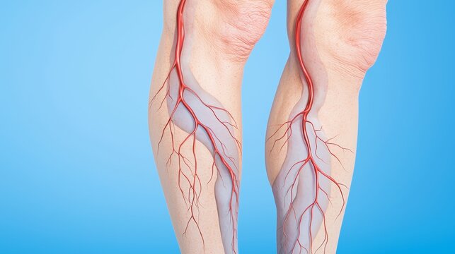 A detailed look at varicose veins in the calf, with visible discoloration and knotted veins protruding beneath the surface of the skin.