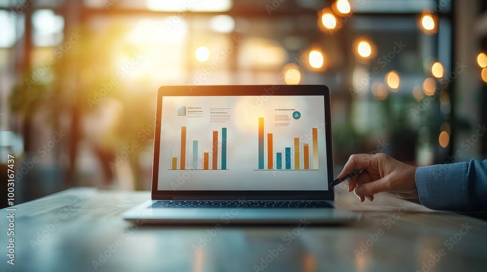 Poster analyzing data with laptop in modern workspace