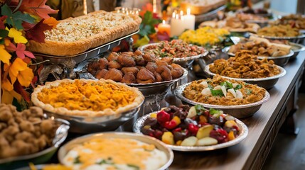 Fototapeta premium A multicultural Thanksgiving potluck featuring dishes from around the world in a warm, inviting atmosphere