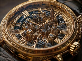 Obraz premium Intricate Gold Watch with Miniature Cityscape and Roman Numerals