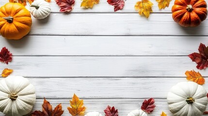 Autumn-themed flat lay with pumpkins and colorful leaves