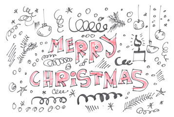 Dodle Christmas symbols, hand draw black felt tip pen, isolated on white