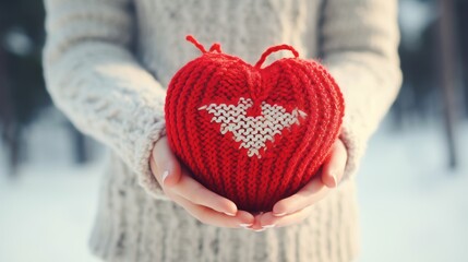Fototapeta premium Hands cradling a knitted red heart on snowy ground, symbolizing love and friendship