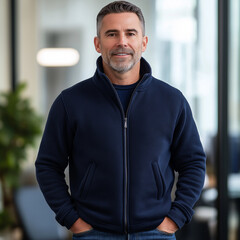 40 year old Man with dark fleece jacket in the office