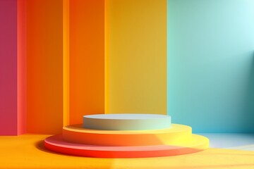 A colorful room with a stage in the middle