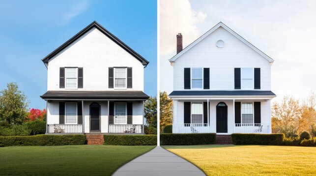 A side-by-side comparison of an old house with missing shingles, showing its transformation into a luxury home with clean lines, solar panels, and fresh landscaping.