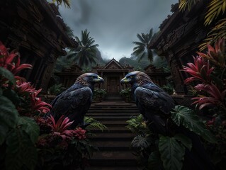 Fototapeta premium Majestic Eagles in Lush Jungle Temple with Vibrant Foliage