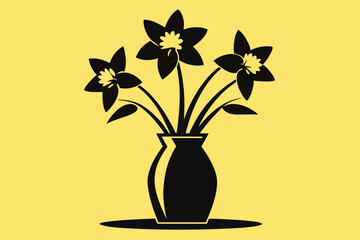  Beautiful Daffodil flower in vase silhouette black Vector art illustration 