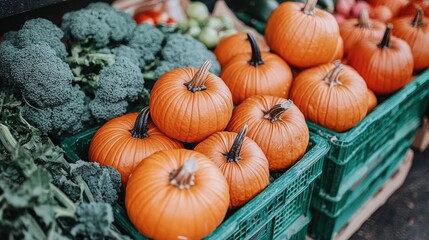 Fresh pumpkins and broccoli at a vibrant farmers' market