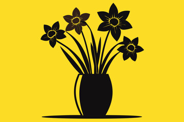  Beautiful Daffodil flower in vase silhouette black Vector art illustration 