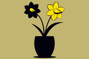  Beautiful Daffodil flower in vase silhouette black Vector art illustration 