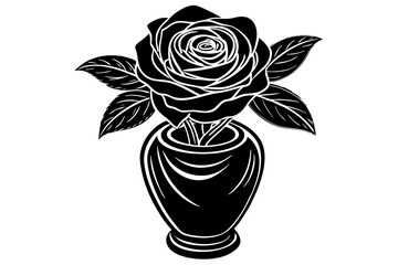 Cute rose with leaves in vase silhouette black linocut vector art illustration
