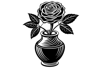 Cute rose with leaves in vase silhouette black linocut vector art illustration