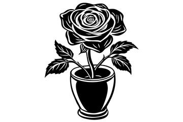 Cute rose with leaves in vase silhouette black linocut vector art illustration