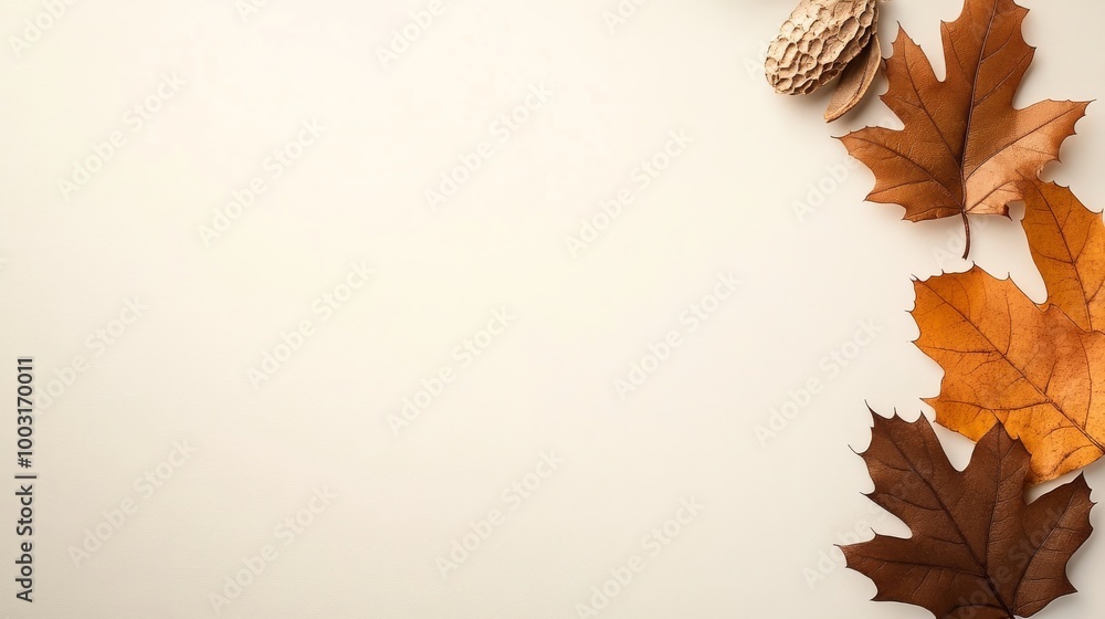 Poster rustic autumn leaves and pine cone create a warm inviting atmosphere on a neutral background