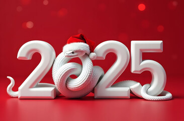 On a red background with bokeh there are white numbers 2025, instead of the number 0 there is a white snake in a Santa hat. Picture for the New Year holiday.