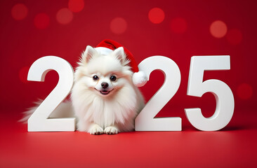 On a red background with bokeh large white 3D numbers 2025, instead of the number 0 a white Pomeranian dog in a hat with Santa Claus. Happy New Year Greeting Picture for Calendar or Zoo Business.
