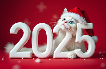 On a red background are large white numbers 2025, behind the numbers lies a white cat with blue eyes and wearing a Santa Claus hat and looks up dreamily. Picture for the New Year holiday. 