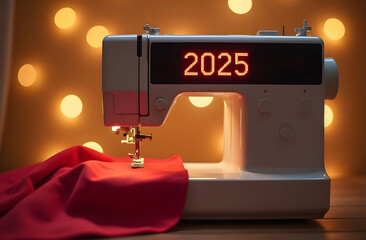 On the display of the sewing machine the numbers 2025, red fabric lies under the foot, in the background there is golden bokeh. Picture for congratulating the sewing business on the new year. 