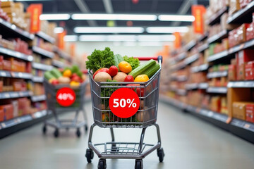 Shopping carts filled with fresh produce and discount signs in a grocery aisle