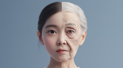 A transformation animation showing the symmetrical face of a child slowly aging into an adult and then an elderly person, with symmetry gradually decreasing.