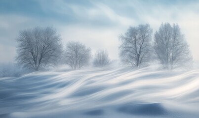 Obraz premium Abstract frozen landscape with flowing snow patterns and soft, blurred edges of distant trees