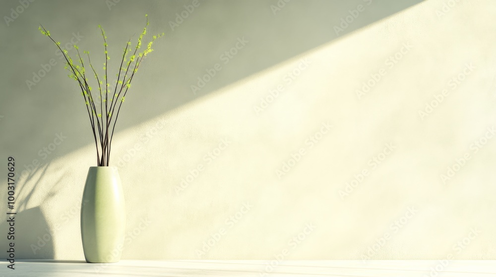 Poster a simple and elegant display of fresh branches in a vase against a softly lit wall