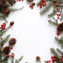 Christmas Border frame of tree branches red berries and pine cones, room for copy