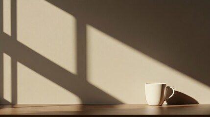Obraz premium A simple white coffee cup rests elegantly on a wooden surface illuminated by soft light