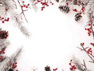 Obraz premium Christmas Border frame of tree branches red berries and pine cones, room for copy