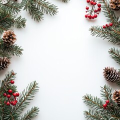 Christmas Border frame of tree branches red berries and pine cones, room for copy