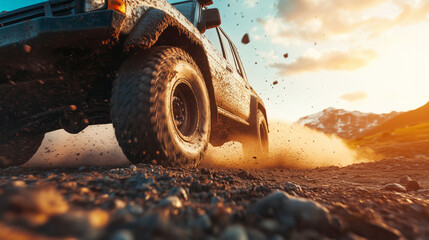 Off-road vehicle kicking up dirt at sunset