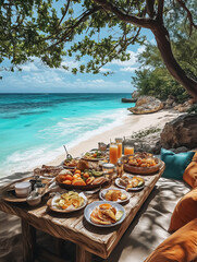 Tropical beach brunch setup perfect for summer gatherings and vacations, featuring fresh fruits and serene ocean views. Design for Wall Art, Poster Print, Wallpaper & Background