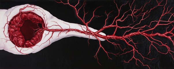 An arteriographic view of the lower abdomen, with contrast dye highlighting the aorta and its branches, providing a clear picture of blood flow.