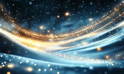 An abstract Christmas night with glowing light trails and twinkling stars, set against a dark, snowy landscape with softly falling snowflakes