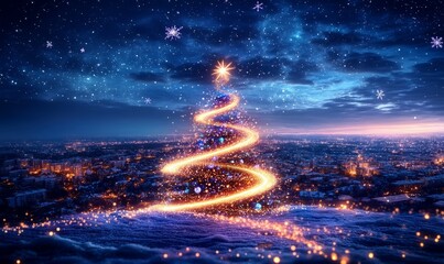 An abstract Christmas tree made of glowing light trails, twinkling stars, and swirling snowflakes, set against a deep, frosty night sky