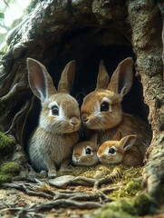 Obraz premium A cozy family of rabbits nestled in their natural burrow, perfect for spring and Easter themed designs.
