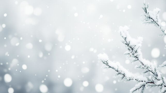 A simple gray winter christmas background - snow falls onto pine tree branches, snowflakes  in the air in soft focus - a minimalist and tonal holiday background for a custom image and copypace. 