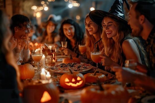 Friends celebrating Halloween at a festive party table adorned with pumpkins, delicious food, and drinks in a cozy indoor setting
