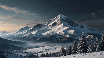 realistic illustration of a landscape of a snow mountain