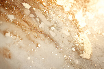 Gold glitter background with beautiful abstract shapes and sparkling lights. Soft, blurred texture of golden sand or cream for an elegant luxury design template.