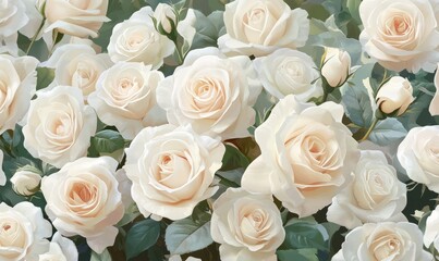 Beautiful Natural Roses Illustration. Contemporary Floral Background with White Blooms.