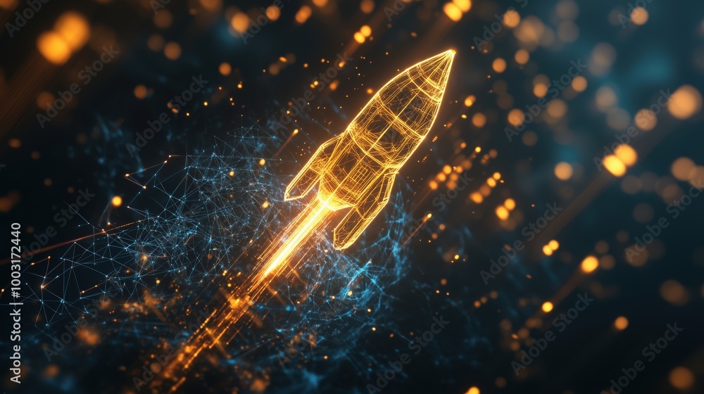 Poster rocket launch in digital space with glowing lines
