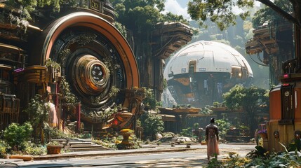 Fototapeta premium A cinematic scene set in a dark, futuristic city with towering skyscrapers, neon lights, and rain-soaked streets. The vibrant glow of technology illuminates a cyberpunk world where humanity & machine