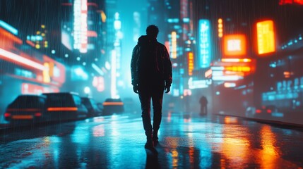A cinematic scene set in a dark, futuristic city with towering skyscrapers, neon lights, and rain-soaked streets. The vibrant glow of technology illuminates a cyberpunk world where humanity & machine
